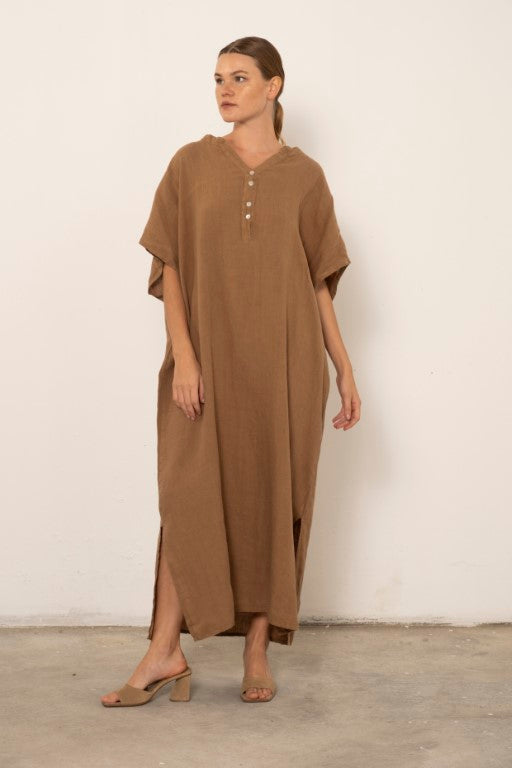 Ham Keten Maxi Kaftan Elbise