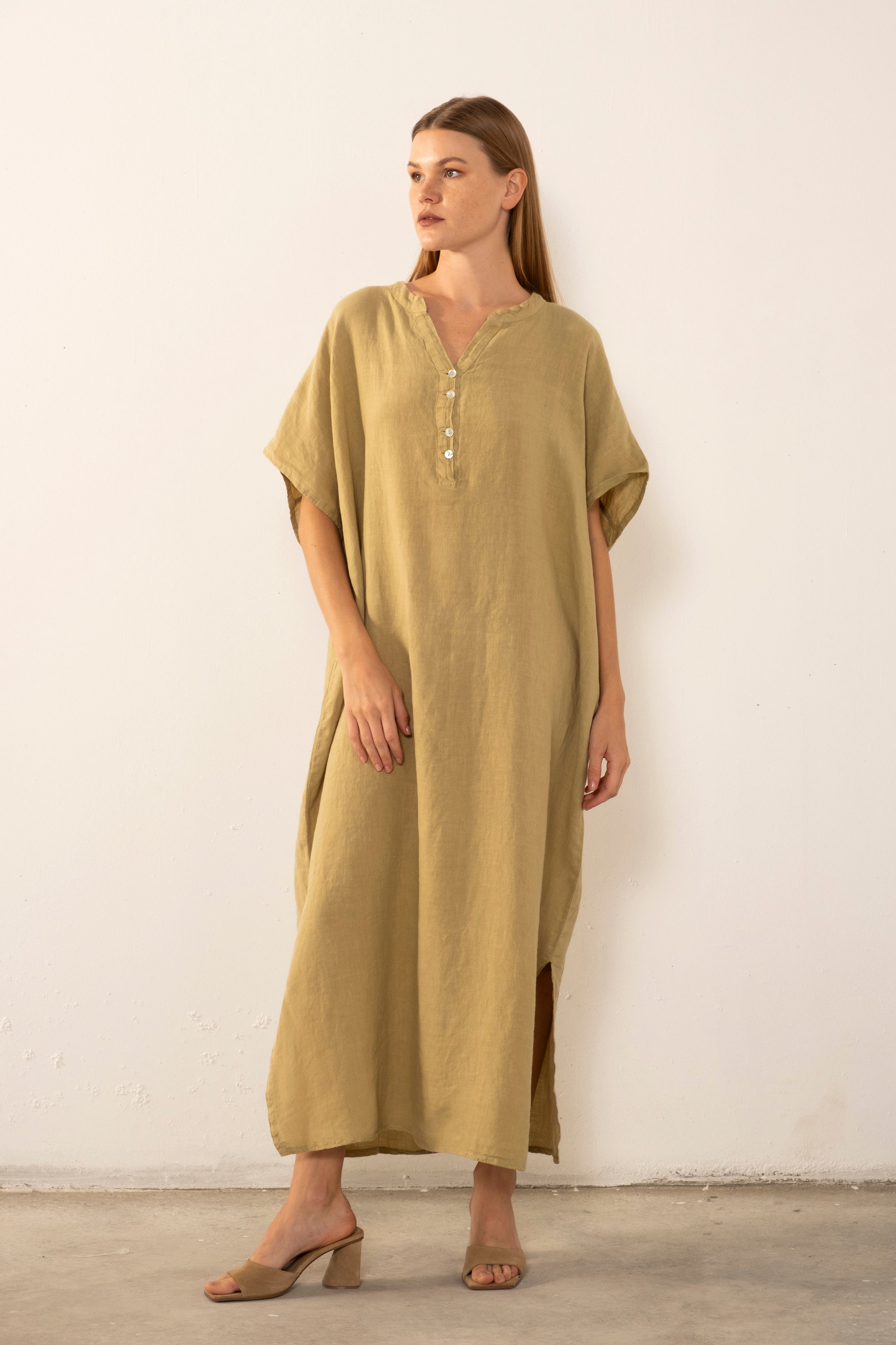 Ham Keten Maxi Kaftan Elbise