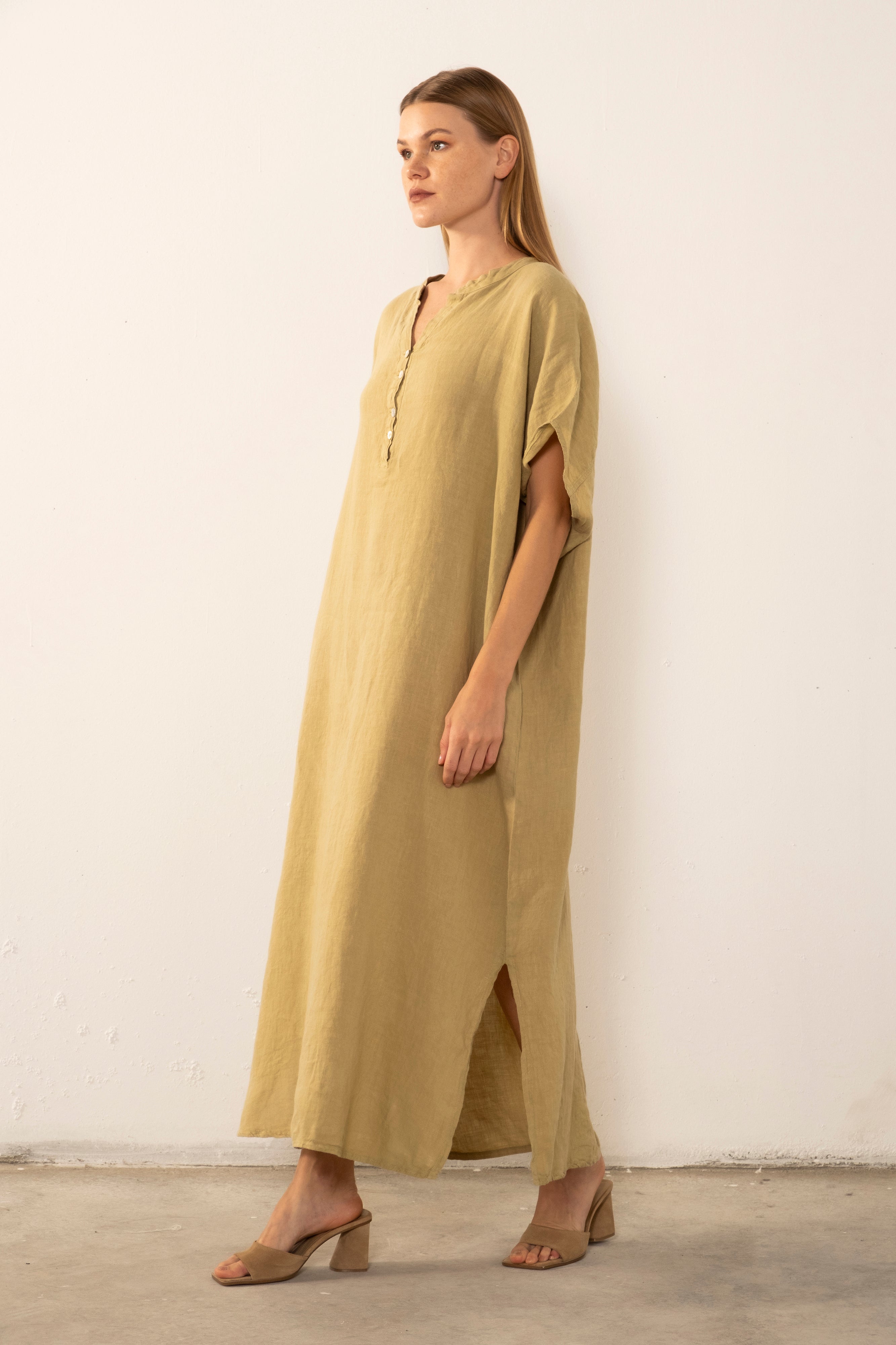 Ham Keten Maxi Kaftan Elbise