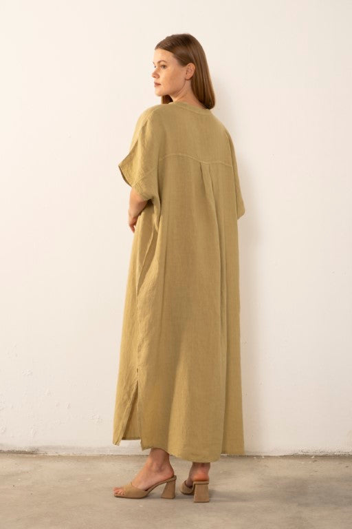 Ham Keten Maxi Kaftan Elbise