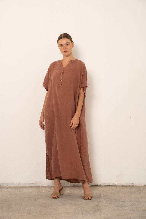 Ham Keten Maxi Kaftan Elbise