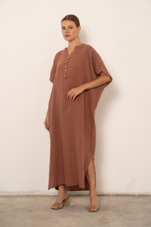 Ham Keten Maxi Kaftan Elbise