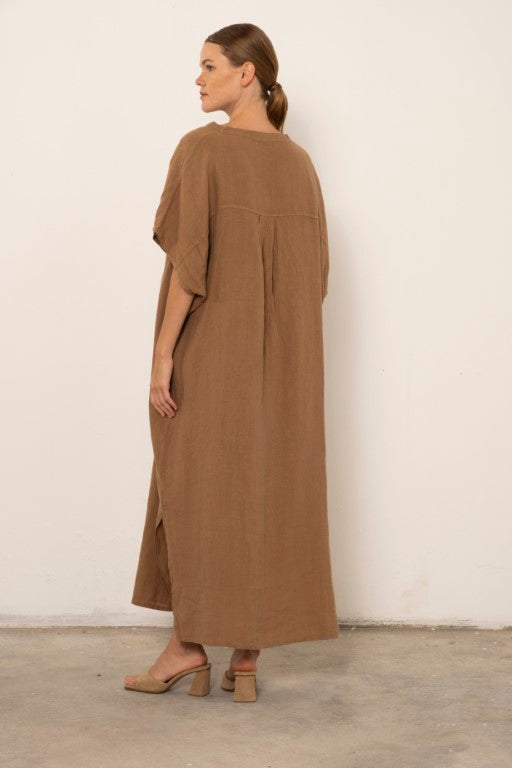 Ham Keten Maxi Kaftan Elbise