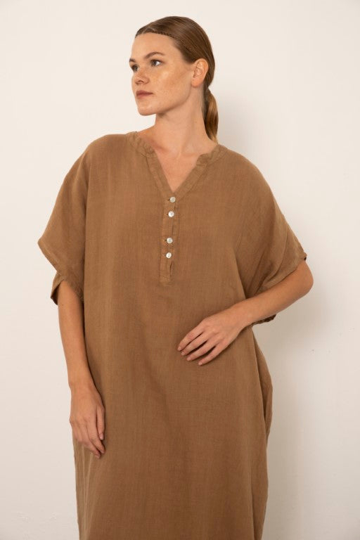 Ham Keten Maxi Kaftan Elbise