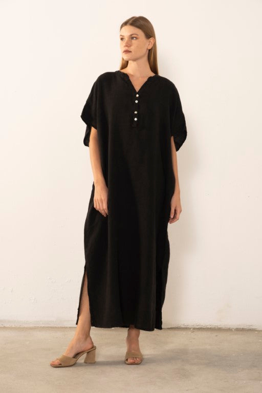 Ham Keten Maxi Kaftan Elbise