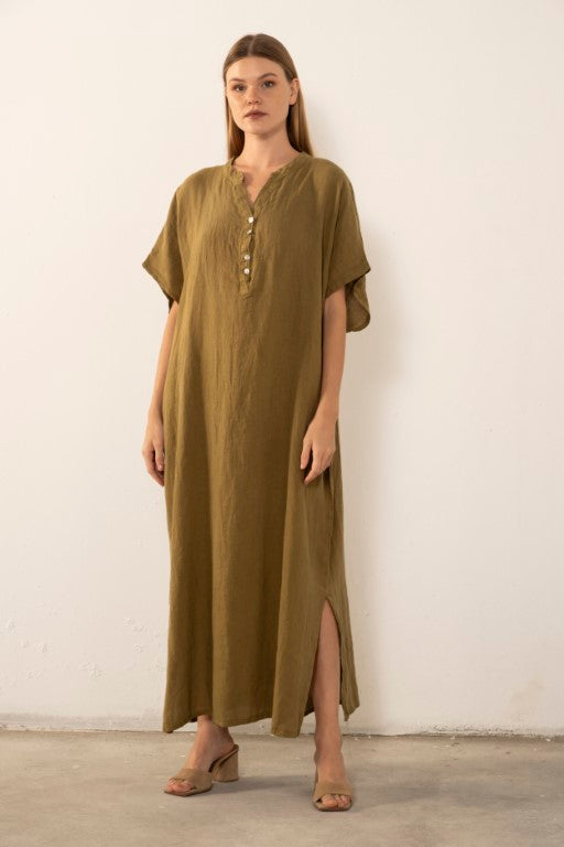 Ham Keten Maxi Kaftan Elbise